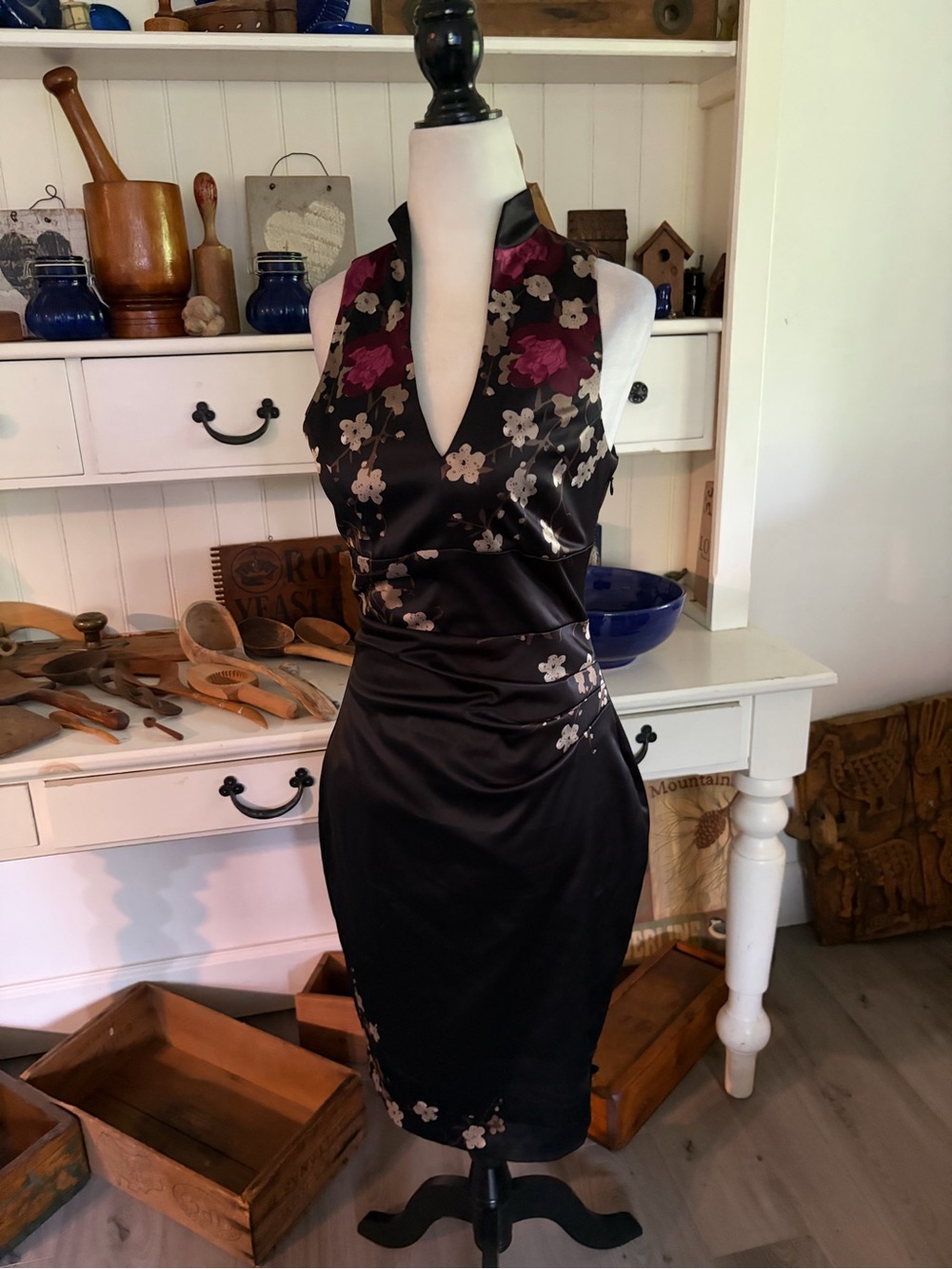 le chateau Black Satin One-Shoulder Floral Dress with Pink Accents